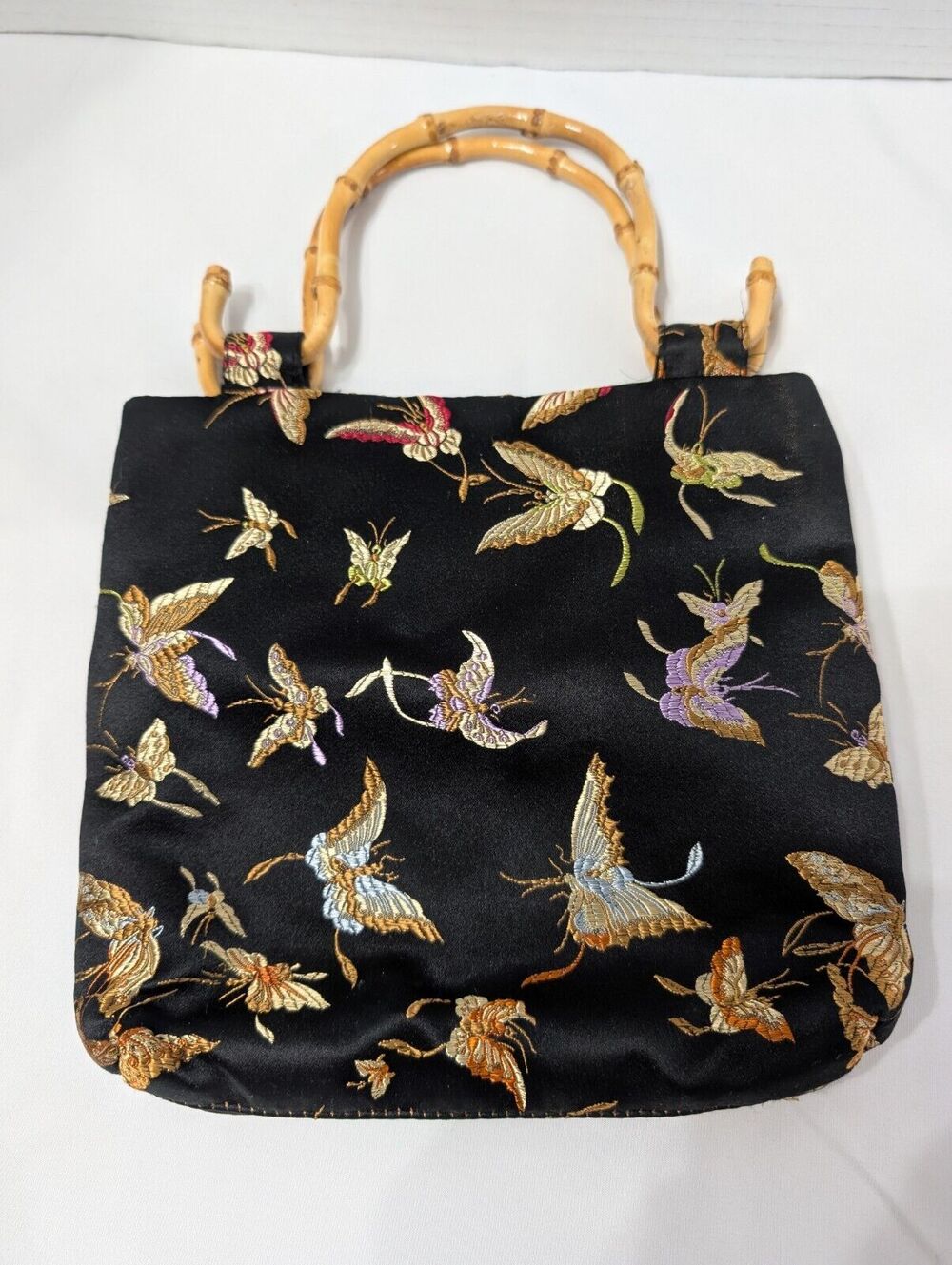 Oriental Fabric Purse Butterflies Bamboo Handle Black  8"X8" 4" handles Vintage